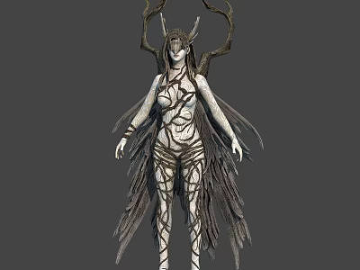 Mystical Nature Spirit Character With Tree Branch Antlers Vine Patterned Body And Feathery Wings 3d model