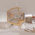 Spacious Two Story Pet Shop Interior With Yellow Blue Structure Pets Counter And Staircase