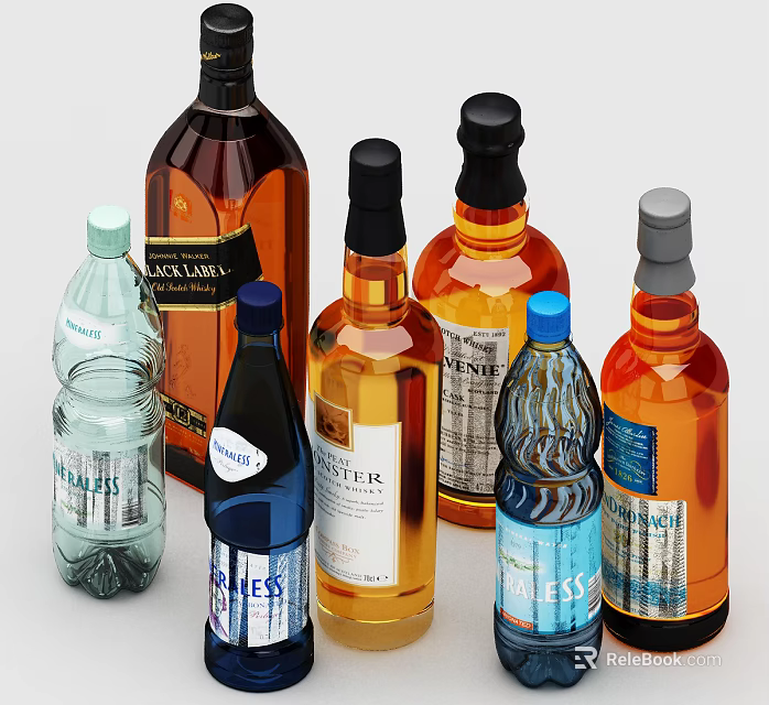 Colorful Liquor Bottles and Wine Glasses with Labels and Various Shapes 3d model 