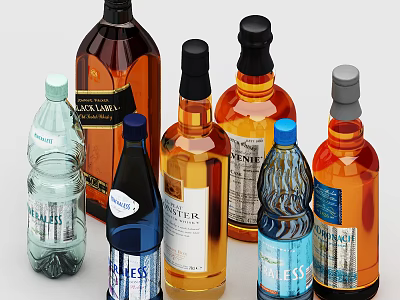 Colorful Liquor Bottles and Wine Glasses with Labels and Various Shapes 3d model