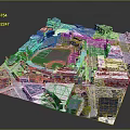 Aerial View of Baseball Stadium Green Turf Red Mound Surrounded by Urban Buildings and Streets