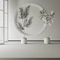 Modern Indoor Potted Plants in Gray Pots with White Wall Circular Decor and Window Blinds