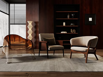 Different Styles Of Accent Chairs In Modern Interior With Wooden Furniture And Floor Lamp 3d model