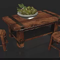 Rustic Wooden Outdoor Table With White Bowl Green Fruits And Stools
