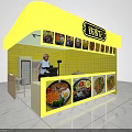Teppanyaki Restaurant Yellow Stall With Displayed Food Images And Chef Preparing Fresh Dishes