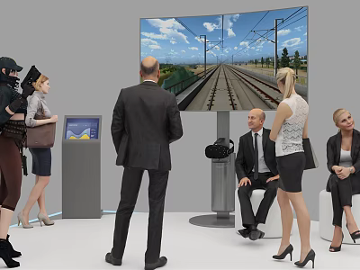 People Watching Large Screen Display Of Railway Track In Exhibition Space 3d model