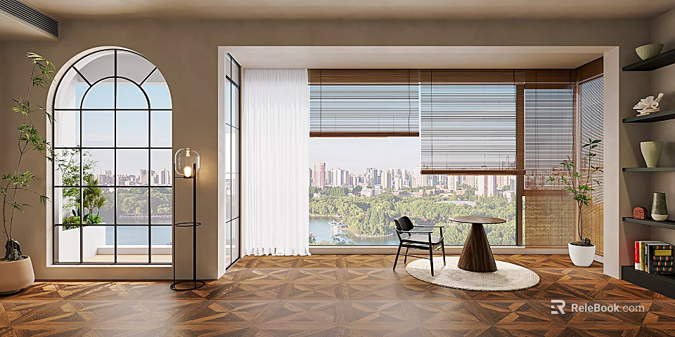 Home Balcony Interior Design With Large Windows White Curtains Blinds Wooden Flooring And City View 3d model 