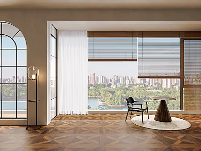Home Balcony Interior Design With Large Windows White Curtains Blinds Wooden Flooring And City View 3d model