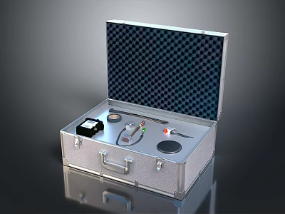 Open Silver Metal Toolbox With Black Checkered Lining And Black Device Pliers Screwdriver Round Pads 3d model