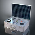 Open Silver Metal Toolbox With Black Checkered Lining And Black Device Pliers Screwdriver Round Pads
