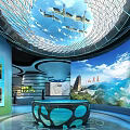 Modern Exhibition Hall With Curved Screen Glass Dome Flying Birds And Mountain Landscape 3d model
