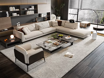 Modern Living Room Sofa Coffee Table Set With Soft Rug Decorative Plants And Books 3d model