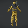 Game Movie Character In Yellow Protective Suit With Gas Mask And Backpack Gear