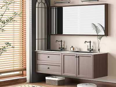 Modern Bathroom Vanity Cabinet With Double Sink Mirror Above And Wooden Storage Drawers 3d model