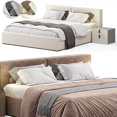 Modern Fabric Upholstered Double Bed With White Pillows Gray Blanket And Wooden Nightstand 3d model