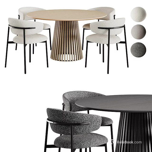 Modern Dining Table Set With Striped Wooden Base And Upholstered Chairs 3d model 