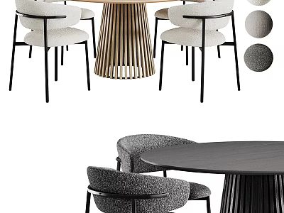 Modern Dining Table Set With Striped Wooden Base And Upholstered Chairs 3d model