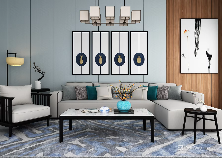 Modern Sofa and Coffee Table Set With Throw Pillows Wall Art and Area Rug 3d model