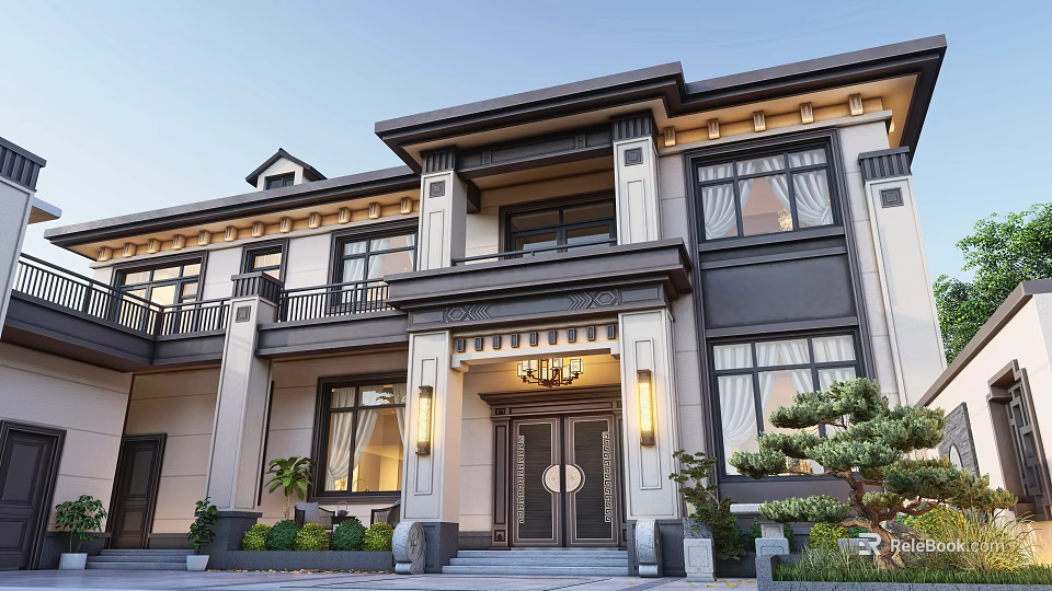 Neo Chinese Detached Villa Exterior With Symmetric Lanterns Stone Steps And Pine Trees 3d model 