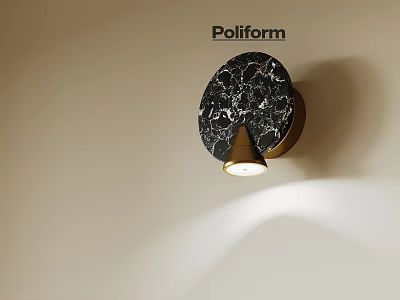 Modern Poliform Round Wall Lamp with Black Marble and Golden Base Elegant Design Warm Lighting 3d model