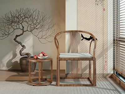 Traditional Chinese Wooden Single Chair With Small Table Apples Bare Tree Branch In Natural Light 3d model