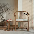 Traditional Chinese Wooden Single Chair With Small Table Apples Bare Tree Branch In Natural Light