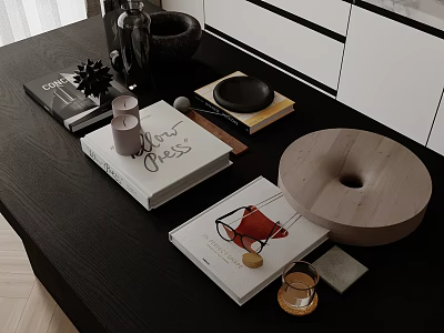 Modern Minimalist Desktop Setup With Design Books Candle Vase And Donut Shaped Decor 3d model