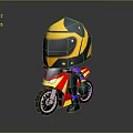 Cartoon Style Game Movie Character With Yellow Green Helmet Riding Red Yellow Motorcycle