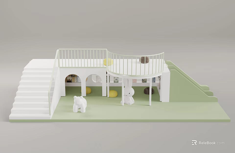 White Play Equipment with Stairs Platform Arched Spaces Light Green Floor and White Bear Dolls 3d model 