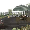 Cozy Home Balcony With Green Umbrella Rattan Chairs Wooden Flooring And Mountain View