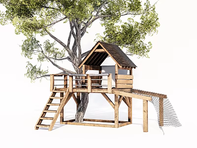 Wooden Tree House Structure With Platform Ladder And Net Under Big Tree 3d model