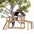 Wooden Tree House Structure With Platform Ladder And Net Under Big Tree 3d model