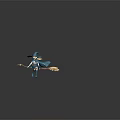 Fantasy Game Movie Witch Character with Blonde Hair Blue Hat and Cloak Riding Broomstick