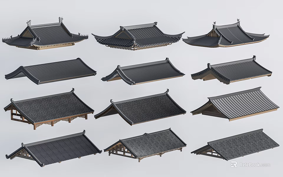 Various Traditional Roof Structures With Black Tiles And Wooden Frames 3d model 
