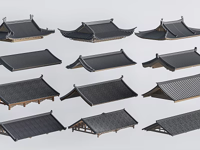 Various Traditional Roof Structures With Black Tiles And Wooden Frames 3d model