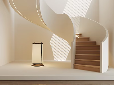Spiral Staircase With Wooden Steps White Structure Lantern Lamp And Light Shadow Effects 3d model