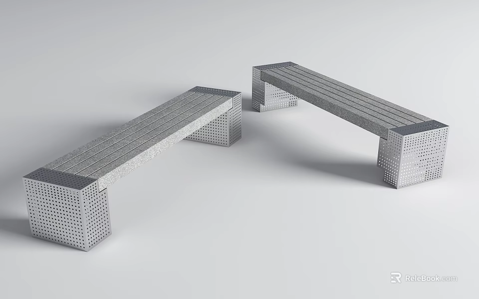 Modern Landscape Benches With Perforated Legs And Geometric Structure For Outdoor Areas 3d model 