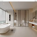 Modern Bathroom Interior Design With Freestanding Bathtub Glass Shower Enclosure And Wooden Vanity