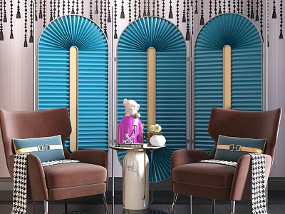 Modern Casual Sofa Set With Brown Armchairs Blue Blinds And Round Side Table 3d model