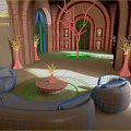 Elegant Beige Interior Design With Curved Sofa Round Coffee Table Bare Tree Branch And Arched Windows