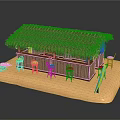 Tropical Beach Bar with Thatched Roof Wooden Structure and Surfboard Chairs on Sand