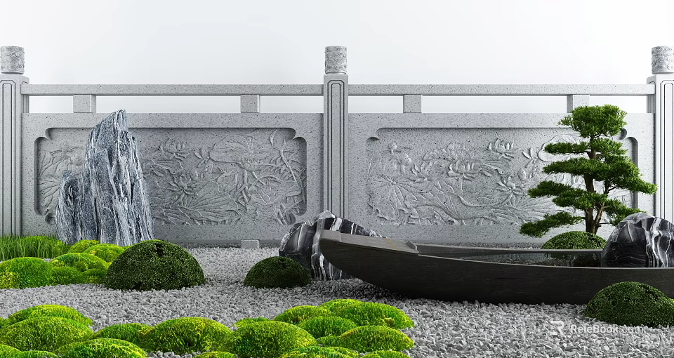 Traditional Courtyard Garden with Carved Railings Rockery Stones Green Shrubs Small Boat and Pebble Ground 3d model 