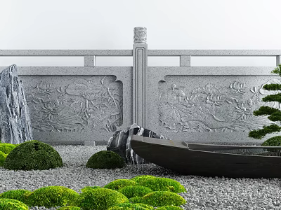Traditional Courtyard Garden with Carved Railings Rockery Stones Green Shrubs Small Boat and Pebble Ground 3d model