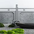 Traditional Courtyard Garden with Carved Railings Rockery Stones Green Shrubs Small Boat and Pebble Ground