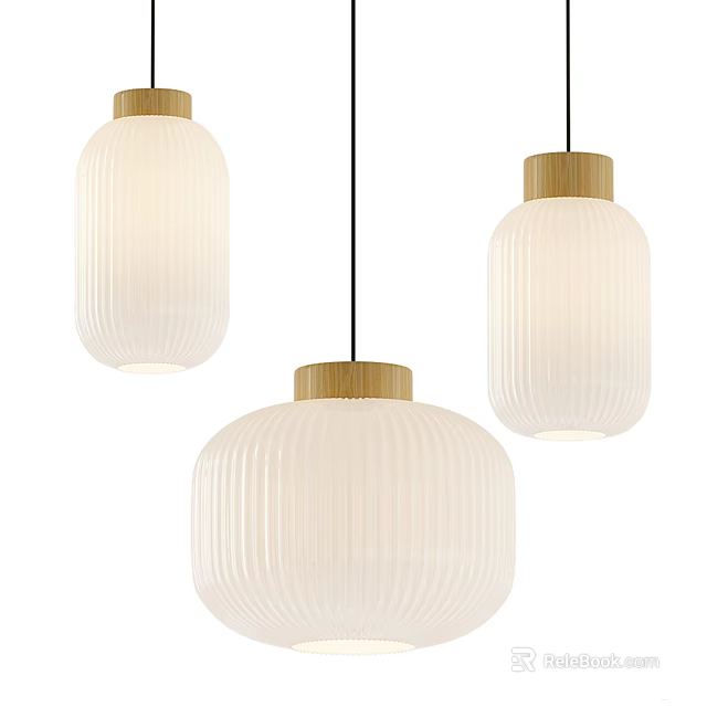 Modern Pendant Lights With White Ribbed Shades And Wooden Tops Design 3d model 