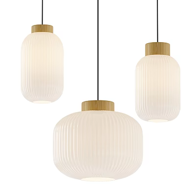 Modern Pendant Lights With White Ribbed Shades And Wooden Tops Design 3d model
