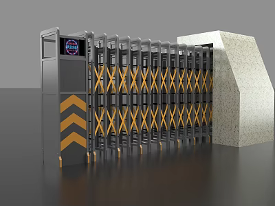 Automatic Retractable Security Gate With Yellow X Pattern And Control Panel 3d model
