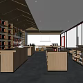 Spacious Bookstore Interior With Wooden Counters Bookshelves And Natural Light Through Large Windows