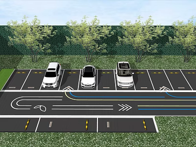 Parking Lot With Three White Cars In Spaces Surrounded By Trees And Driveway Arrows 3d model