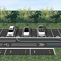 Parking Lot With Three White Cars In Spaces Surrounded By Trees And Driveway Arrows